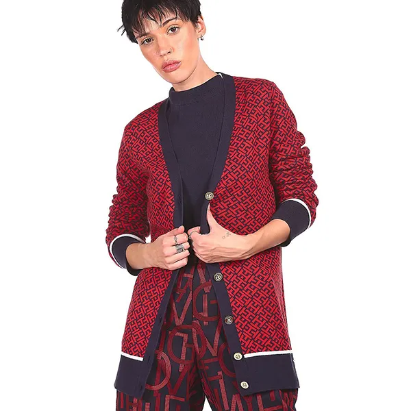 Áo Cardigan Nữ Tommy Hilfiger Women Red Brand Patterned Weave Sweater Màu Đỏ Họa Tiết Size XS