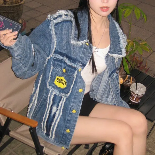 Áo Khoác Bò Nữ 13 De Marzo Smiley Broken Suture Denim Jacket Blue Màu Xanh