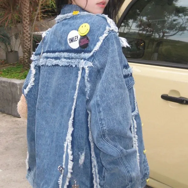 Áo Khoác Bò Nữ 13 De Marzo Smiley Broken Suture Denim Jacket Blue Màu Xanh