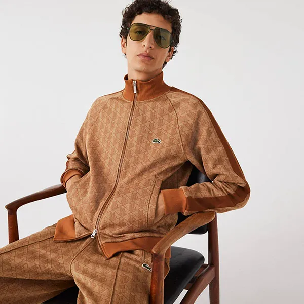 Áo Khoác Nam Lacoste Men's Regular Fit Monogram Print Zip Sweatshirt SH0072 - ZWM Màu Nâu Size 3