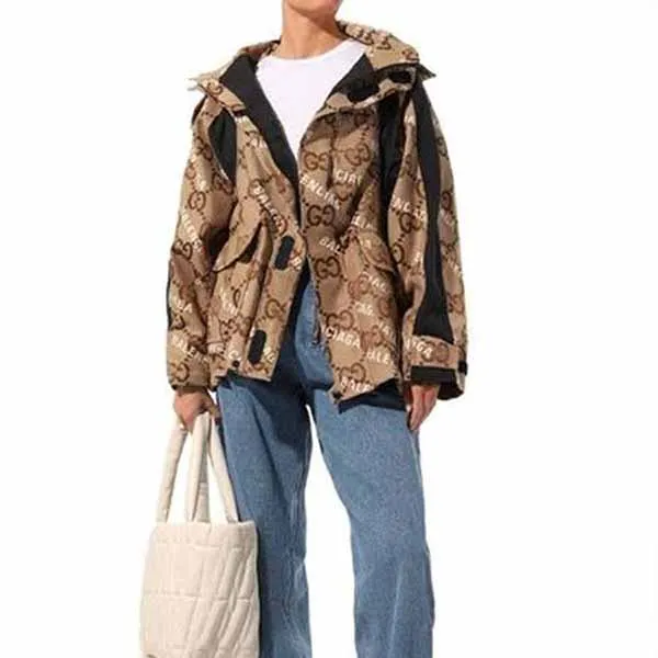 Áo Khoác Unisex Gucci GC X Balenciaga The Hacker Project Jumbo GG Jacket Màu Nâu Hoạ Tiết