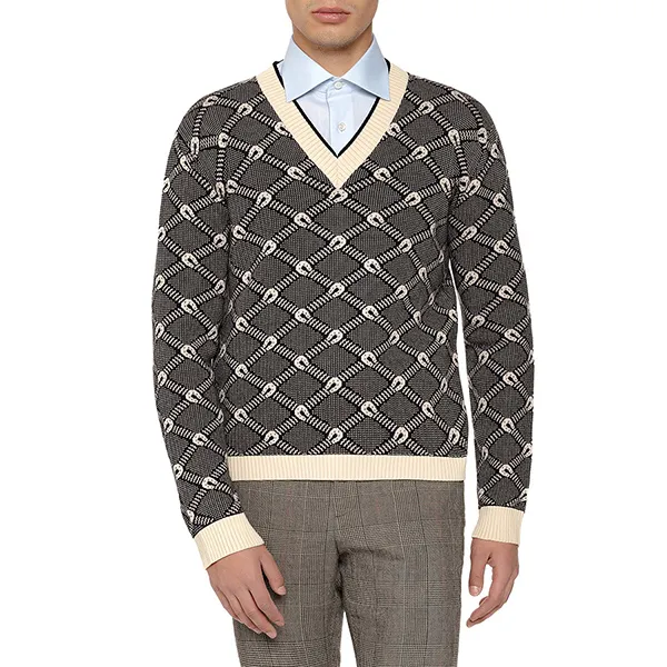 Áo Len Nam Gucci V-Neck Jacquard Jumper 703112 Màu Đen Trắng Size XS