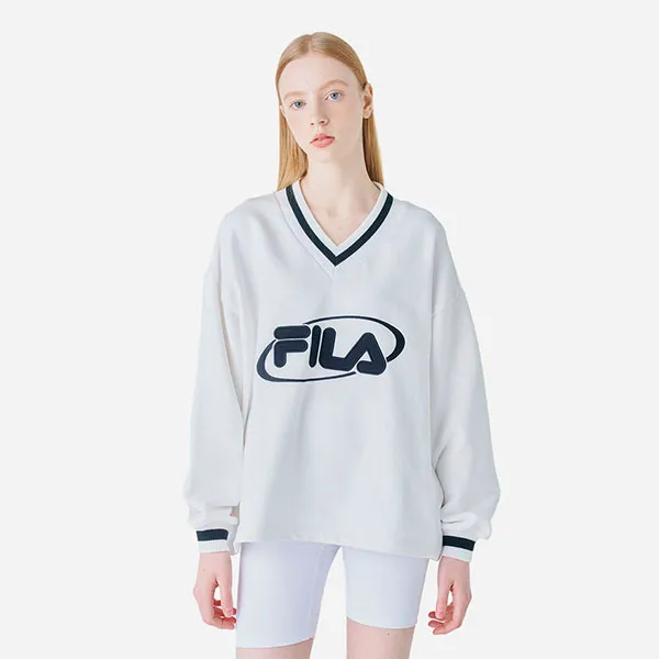 Áo Nỉ Sweater Fila Heritage Over-Fit V-Neck Pullover FS2POF1H51F-CRM Màu Trắng