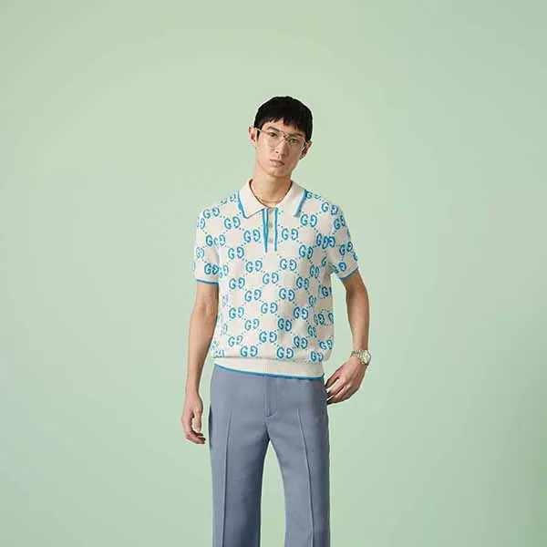 Áo Polo Nam Gucci GG Knitted Cotton Polo Shirt 741962 XKC6B 9028 Màu Trắng Xanh
