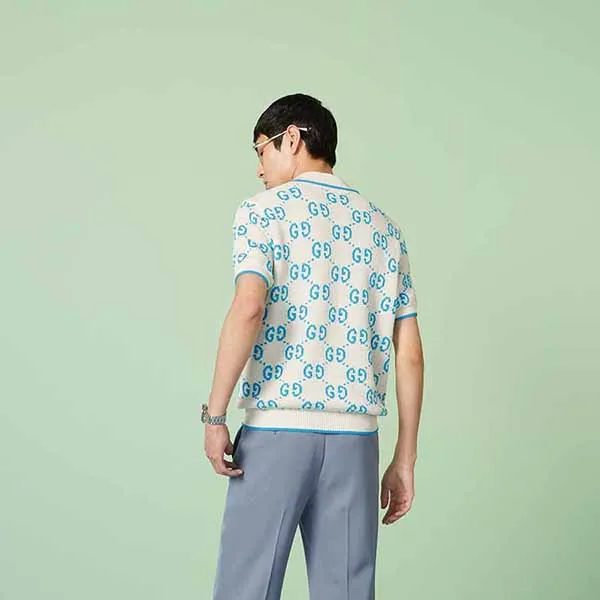 Áo Polo Nam Gucci GG Knitted Cotton Polo Shirt 741962 XKC6B 9028 Màu Trắng Xanh
