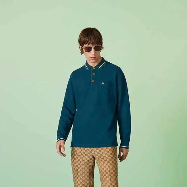Áo Polo Nam Gucci GC Wool Cotton Jersey Polo Shirt 752608 XJFTM 4330 Màu Xanh Cổ Vịt