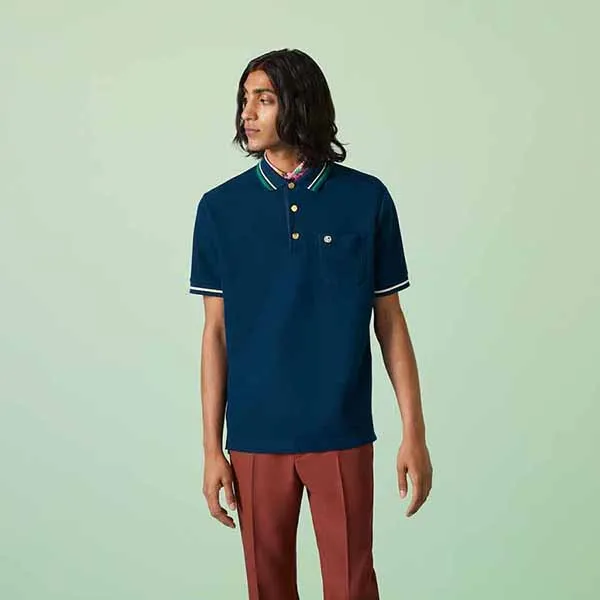 Áo Polo Nam Gucci GC Wool Cotton Jersey Shirt 752606 XJFTM 4330 Màu Xanh Cổ Vịt