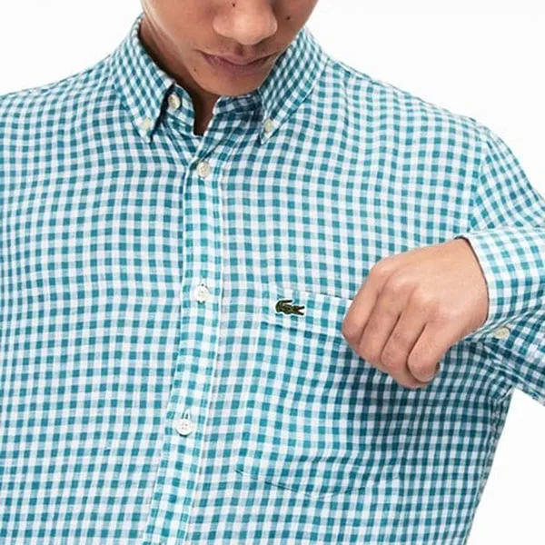 Áo Sơ Mi Nam Lacoste Blue Check Linen Canvas Regular Fit Shirt Ca Rô Màu Xanh Trắng