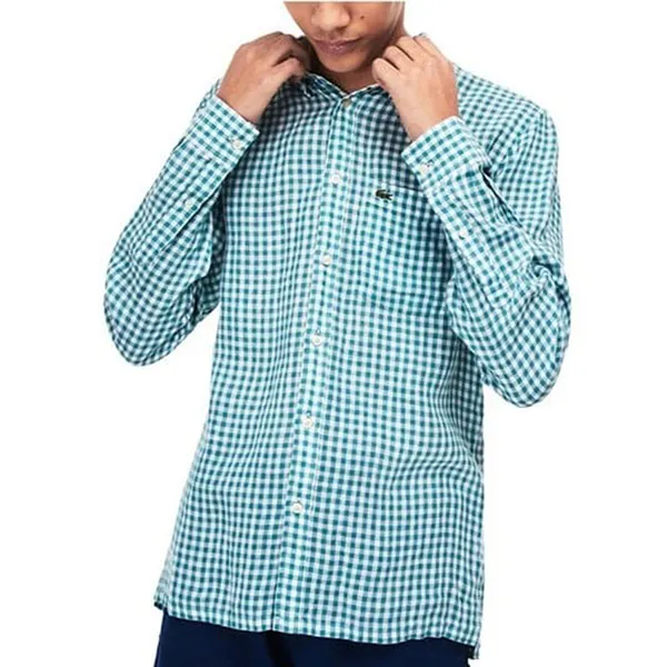 Áo Sơ Mi Nam Lacoste Blue Check Linen Canvas Regular Fit Shirt Ca Rô Màu Xanh Trắng