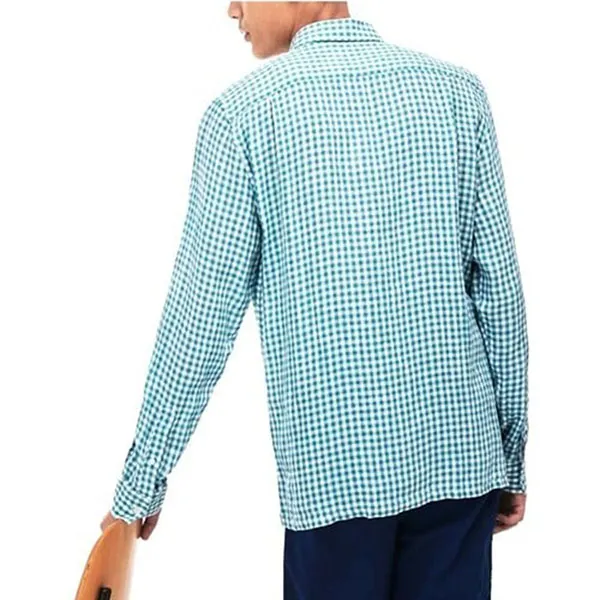 Áo Sơ Mi Nam Lacoste Blue Check Linen Canvas Regular Fit Shirt Ca Rô Màu Xanh Trắng
