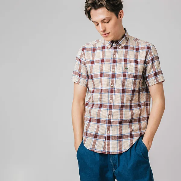 Áo Sơ Mi Nam Lacoste Regular Fit Linen Check Short Sleeve Shirt CH9865L BZD Phối Màu Size 39