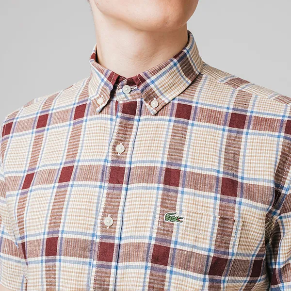 Áo Sơ Mi Nam Lacoste Regular Fit Linen Check Short Sleeve Shirt CH9865L BZD Phối Màu Size 39
