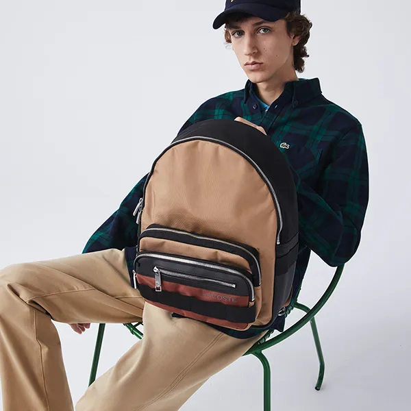 Balo Nam Lacoste Men’s L On The Go Multiple Pockets Canvas Backpack NH3657TN Màu Nâu Đen
