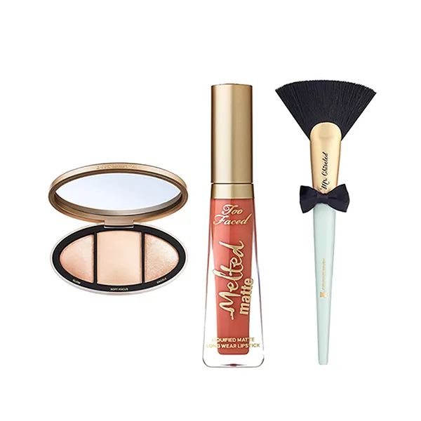 Combo Trang Điểm Too Faced 3 Món (Son Melted Matte Liquified, Phấn Bắt Sáng Highlighting Palette, Cọ Trang Điểm Mr. Chiseled Contouring Brush)