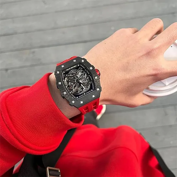 Đồng Hồ Nam Tsar Bomba Carbon Fiber Waterproof TB8208CF-BR Watch Màu Đen Đỏ