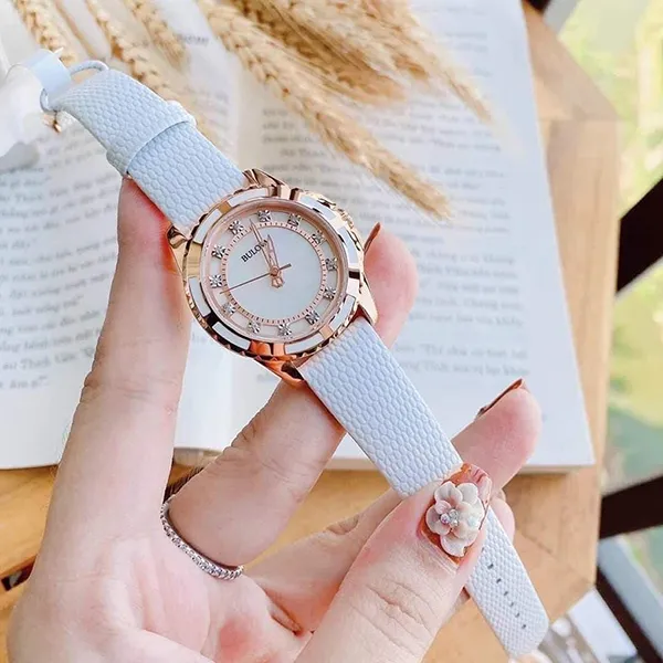 Đồng Hồ Nữ Bulova Women's Quartz Diamond Accents Rose Gold White Leather Watch 98S119 Màu Trắng - Đồng hồ - Vua Hàng Hiệu