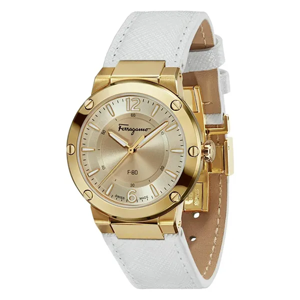Đồng Hồ Nữ Salvatore Ferragamo F-80 Quartz Gold Dial White Leather SFDP00118 Màu Vàng Trắng