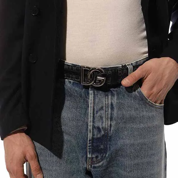 Thắt Lưng Nam Dolce & Gabbana D&G Belt Black With Gray Logo BC4644 AJ705 8B969 Bản 4cm Màu Đen Hoạ Tiết Size 90 - Thắt lưng - Vua Hàng Hiệu