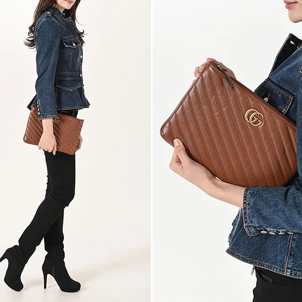 Túi Cầm Tay Gucci GG Clutch Marmont Leather Pouch Bag 525541 0OLFT 2535 Màu Nâu