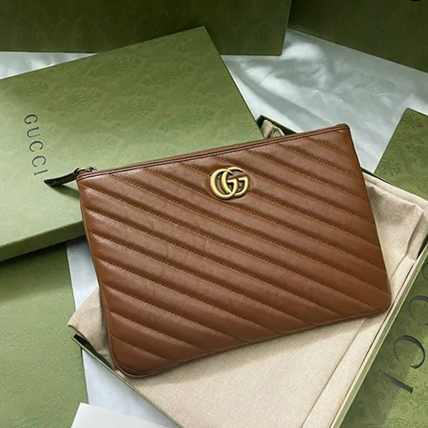 Túi Cầm Tay Gucci GG Clutch Marmont Leather Pouch Bag 525541 0OLFT 2535 Màu Nâu