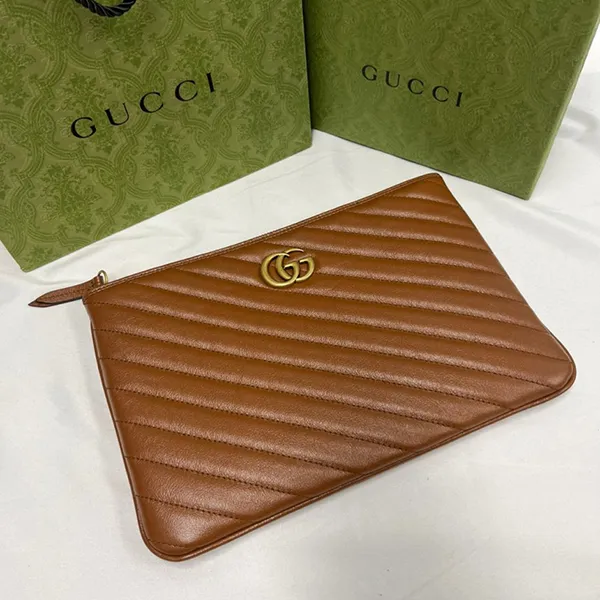 Túi Cầm Tay Gucci GG Clutch Marmont Leather Pouch Bag 525541 0OLFT 2535 Màu Nâu