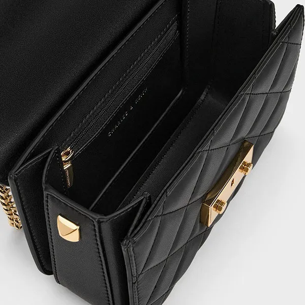 Túi Đeo Chéo Nữ Charles & Keith CNK Quilted Push-Lock Chain Handle Bag Black CK2-80701360 Màu Đen - Túi xách - Vua Hàng Hiệu