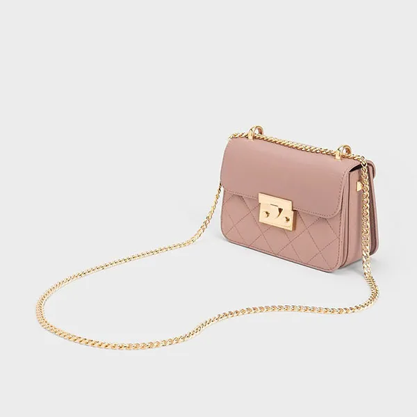 Túi Đeo Chéo Nữ Charles & Keith CNK Quilted Push-Lock Chain Handle Bag Blush 80701360 Màu Hồng Nude - Túi xách - Vua Hàng Hiệu