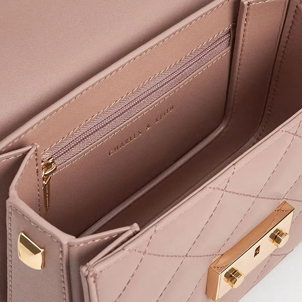 Túi Đeo Chéo Nữ Charles & Keith CNK Quilted Push-Lock Chain Handle Bag Blush 80701360 Màu Hồng Nude - Túi xách - Vua Hàng Hiệu