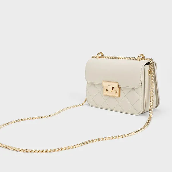 Túi Đeo Chéo Nữ Charles & Keith CNK Quilted Push-Lock Chain Handle Bag Ivory 80701360 Màu Kem - Túi xách - Vua Hàng Hiệu