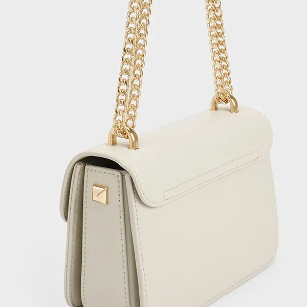Túi Đeo Chéo Nữ Charles & Keith CNK Quilted Push-Lock Chain Handle Bag Ivory 80701360 Màu Kem - Túi xách - Vua Hàng Hiệu