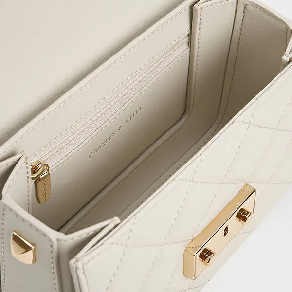 Túi Đeo Chéo Nữ Charles & Keith CNK Quilted Push-Lock Chain Handle Bag Ivory 80701360 Màu Kem - Túi xách - Vua Hàng Hiệu