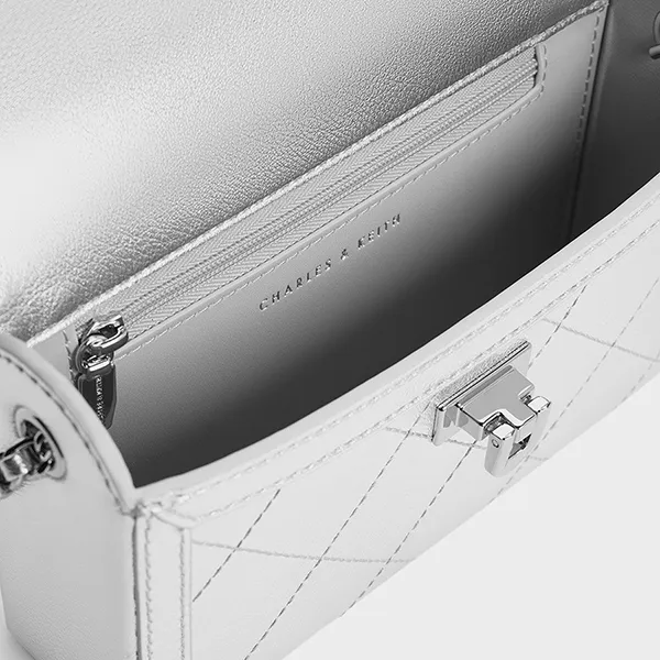 Túi Đeo Chéo Nữ Charles & Keith CNK Tallulah Quilted Metallic Push-Lock Clutch Silver CK2-70701372 Màu Bạc