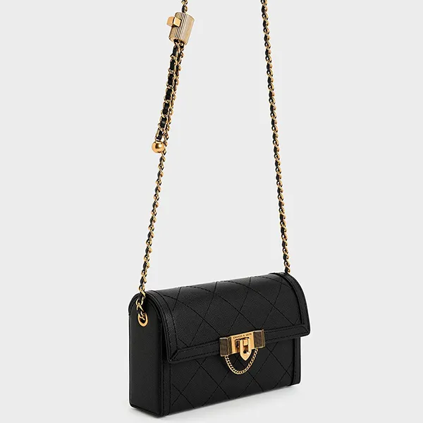 Túi Đeo Chéo Nữ Charles & Keith CNK Tallulah Quilted Push-Lock Clutch Black 70701372 Màu Đen