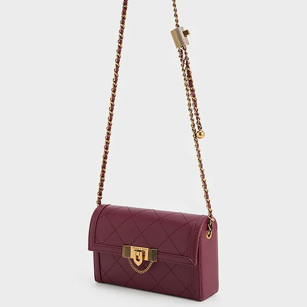 Túi Đeo Chéo Nữ Charles & Keith CNK Tallulah Quilted Push-Lock Clutch Burgundy 70701372 Màu Đỏ Tía