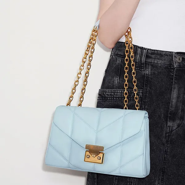 Túi Đeo Vai Nữ Charles & Keith CNK Eudora Chevron Trapeze Bag Blue 20671469 Màu Xanh Blue