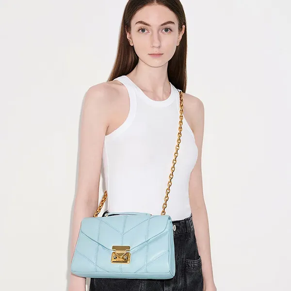 Túi Đeo Vai Nữ Charles & Keith CNK Eudora Chevron Trapeze Bag Blue 20671469 Màu Xanh Blue
