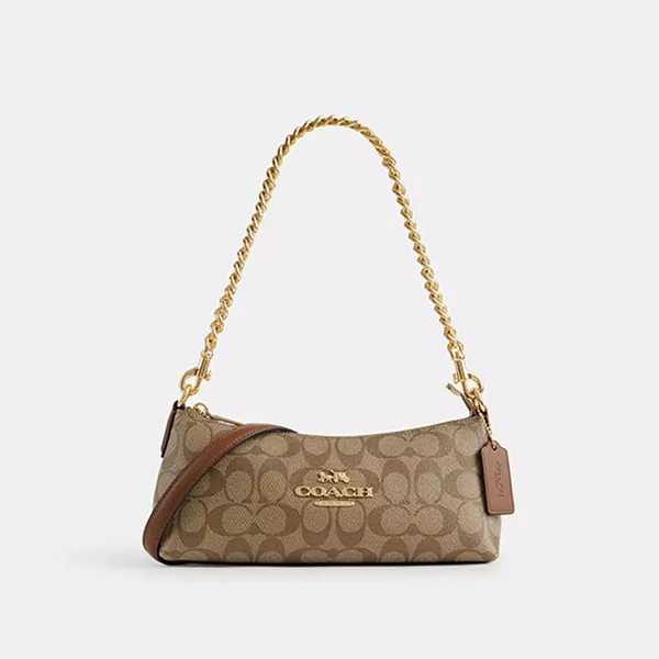 Túi Đeo Vai Nữ Coach Charlotte Shoulder Bag In Signature Canvas CL405 Gold/Khaki Saddle Màu Nâu Khaki