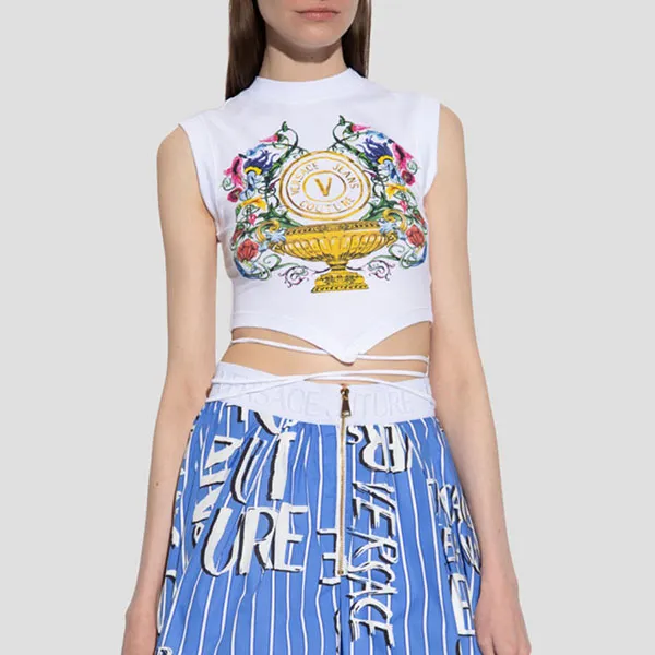 Áo Croptop Nữ Versace Jean Couture White V-Emblem Logo Royal Printed 74HAMF01 CJ07F G03 Màu Trắng