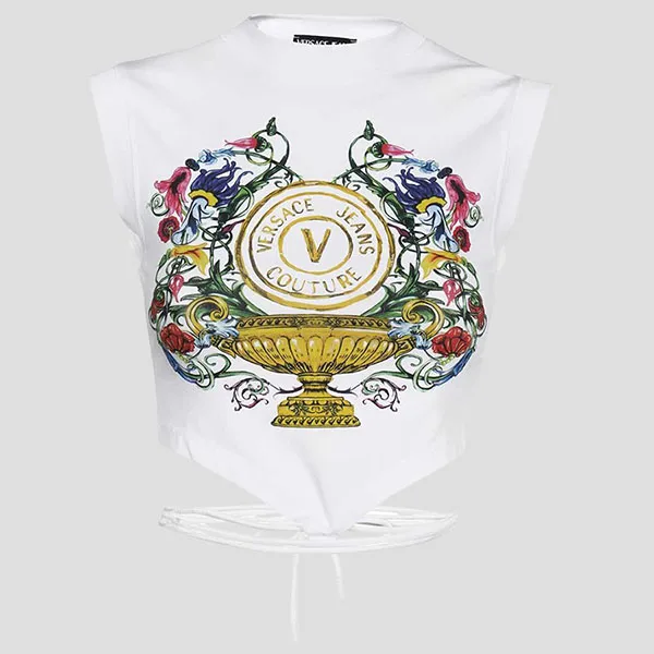 Áo Croptop Nữ Versace Jean Couture White V-Emblem Logo Royal Printed 74HAMF01 CJ07F G03 Màu Trắng