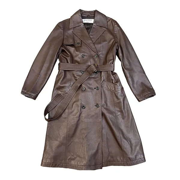 Áo Khoác Da Nữ Balmain Trech Coat Màu Nâu Đậm Size 11