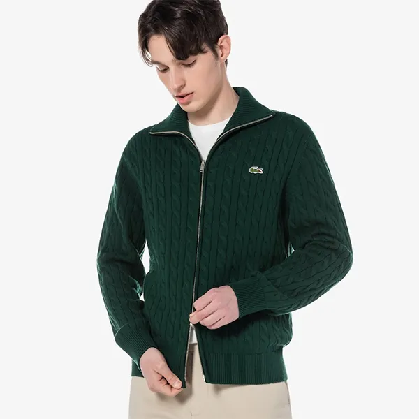Áo Khoác Len Nam Lacoste Cable Zip-Up Cardigan AH103E YZP Màu Xanh Green Size 5