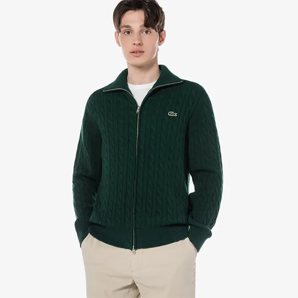 Áo Khoác Len Nam Lacoste Cable Zip-Up Cardigan AH103E YZP Màu Xanh Green Size 5