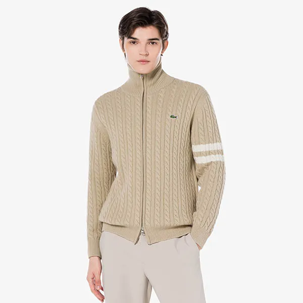 Áo Khoác Len Nam Lacoste Cable Zip-Up Cardigan AH202E 53N CB8 Màu Be Size 4