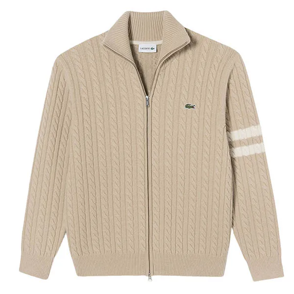 Áo Khoác Len Nam Lacoste Cable Zip-Up Cardigan AH202E 53N CB8 Màu Be Size 4