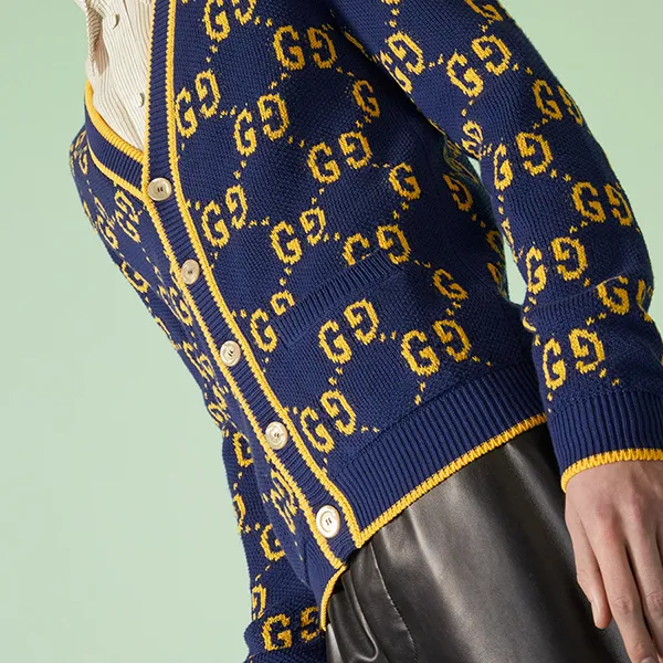 Áo Len Cardigan Nam Gucci GG Knit Cotton Piquet Màu Xanh/Vàng Size S