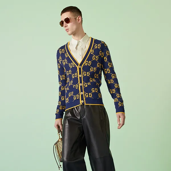 Áo Len Cardigan Nam Gucci GG Knit Cotton Piquet Màu Xanh/Vàng Size S