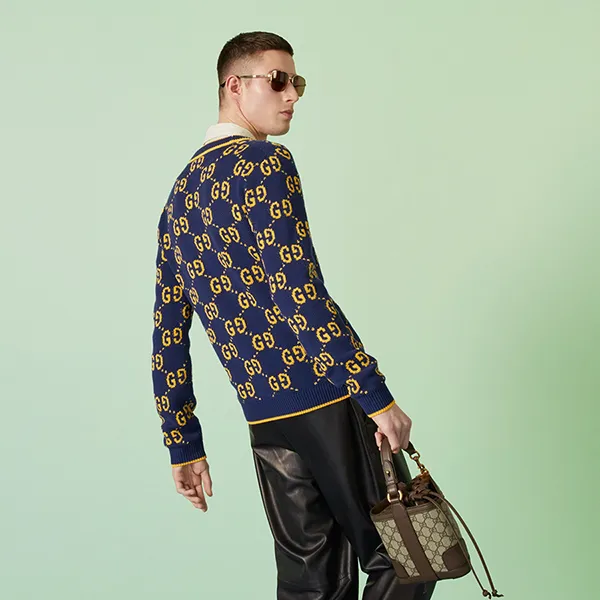 Áo Len Cardigan Nam Gucci GG Knit Cotton Piquet Màu Xanh/Vàng Size S