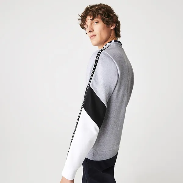 Áo Nỉ Sweater Nam Lacoste Men’s Crew Neck Lettered Colorblock Sleeved Fleece SH6889 Màu Trắng/Xám