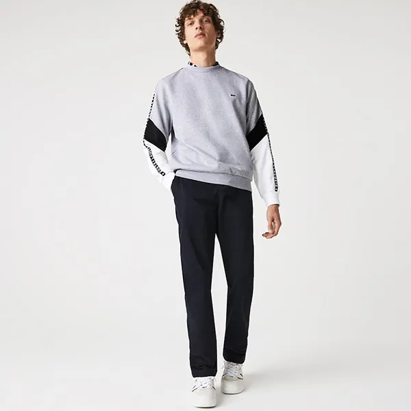 Áo Nỉ Sweater Nam Lacoste Men’s Crew Neck Lettered Colorblock Sleeved Fleece SH6889 Màu Trắng/Xám