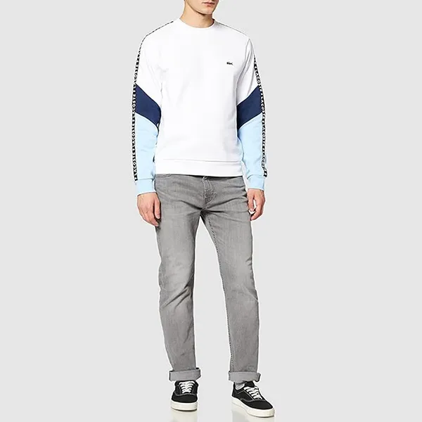 Áo Nỉ Sweater Nam Lacoste Men’s Crew Neck Lettered Colorblock Sleeved Fleece SH6889 Màu Trắng/Xanh Size 3